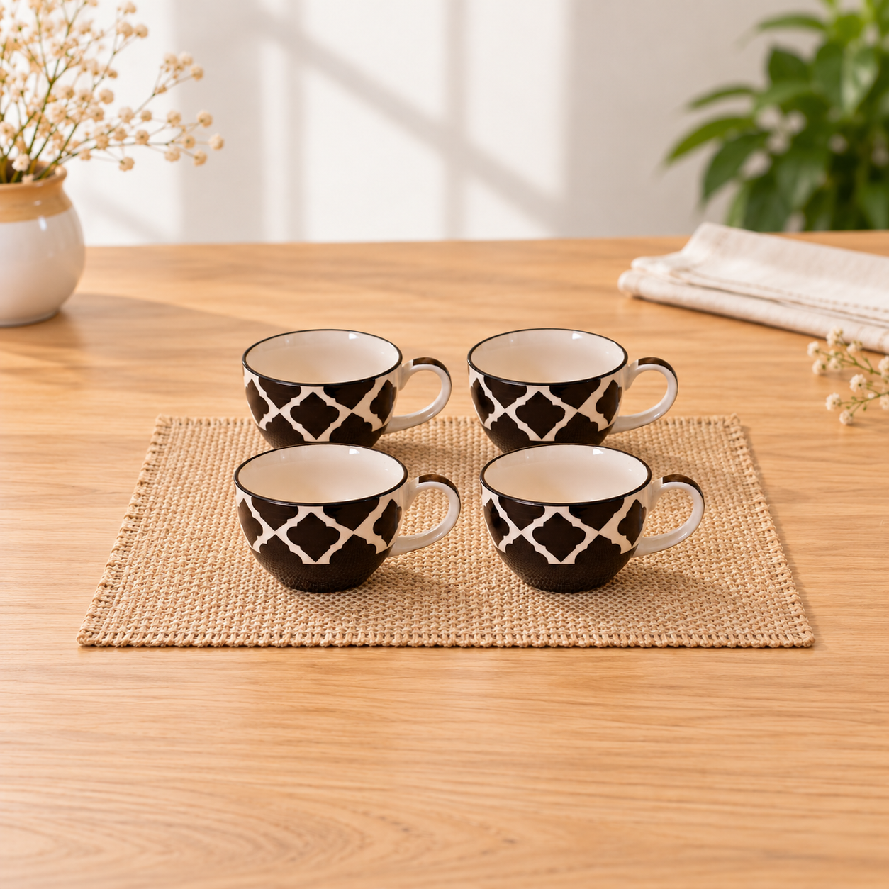 Kunhar Ceramic Soup Mug - White Black, 4 Piece, 350 ML