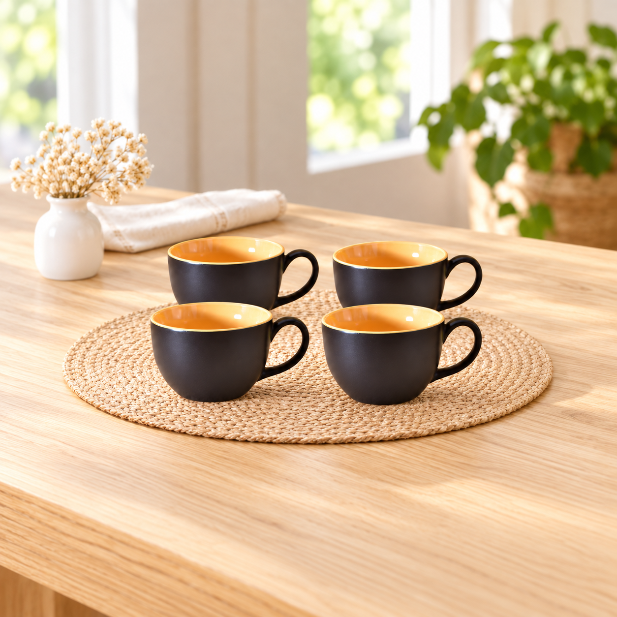 Kunhar Ceramic Soup Mug - Black Orange, 4 Piece, 350 ML