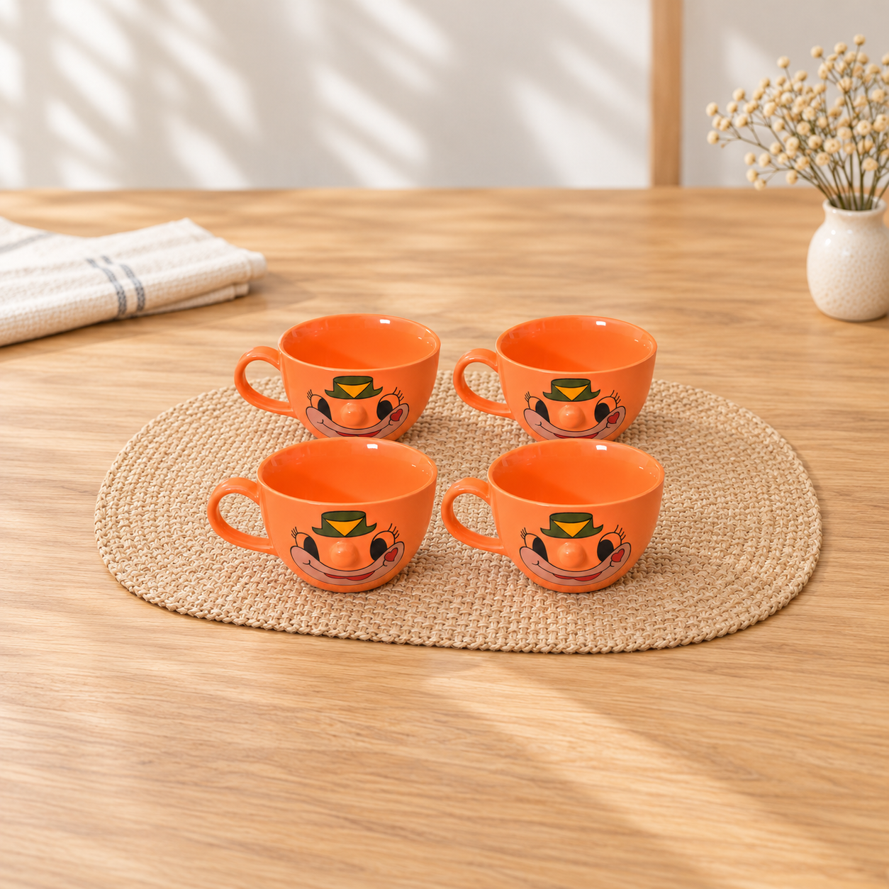 Kunhar Ceramic Soup Mug - Orange, 4 Piece, 350 ML