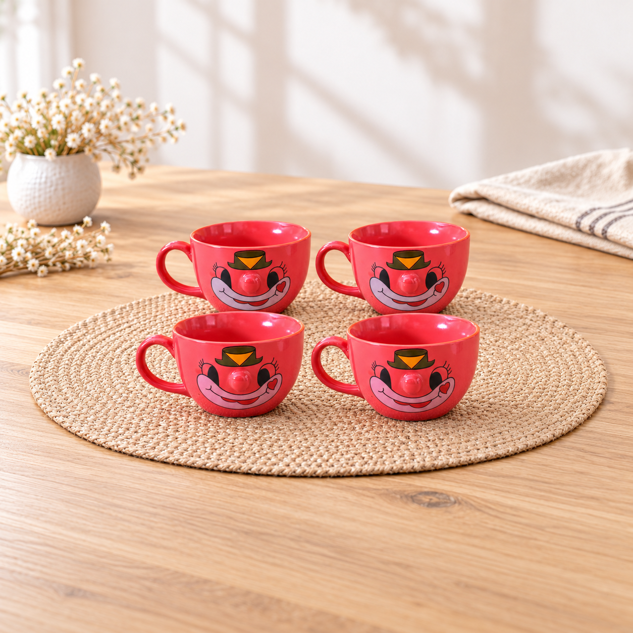 Kunhar Ceramic Soup Mug - Light Red, 4 Piece, 350 ML