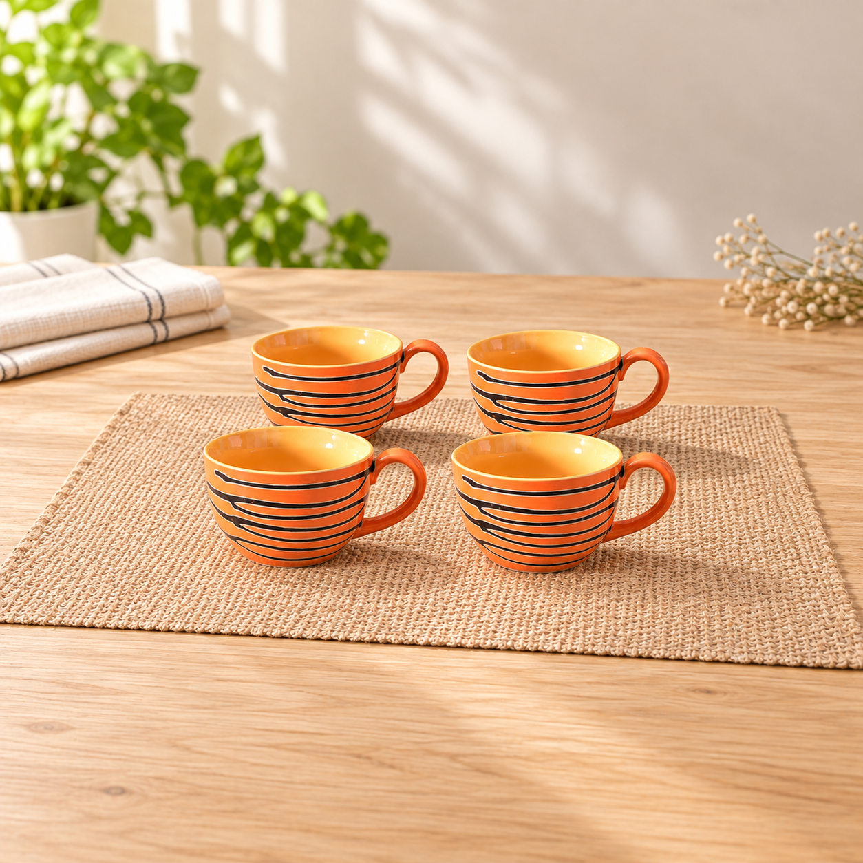 Kunhar Ceramic Soup Mug - Burning Orange, 4 Piece, 350 ML