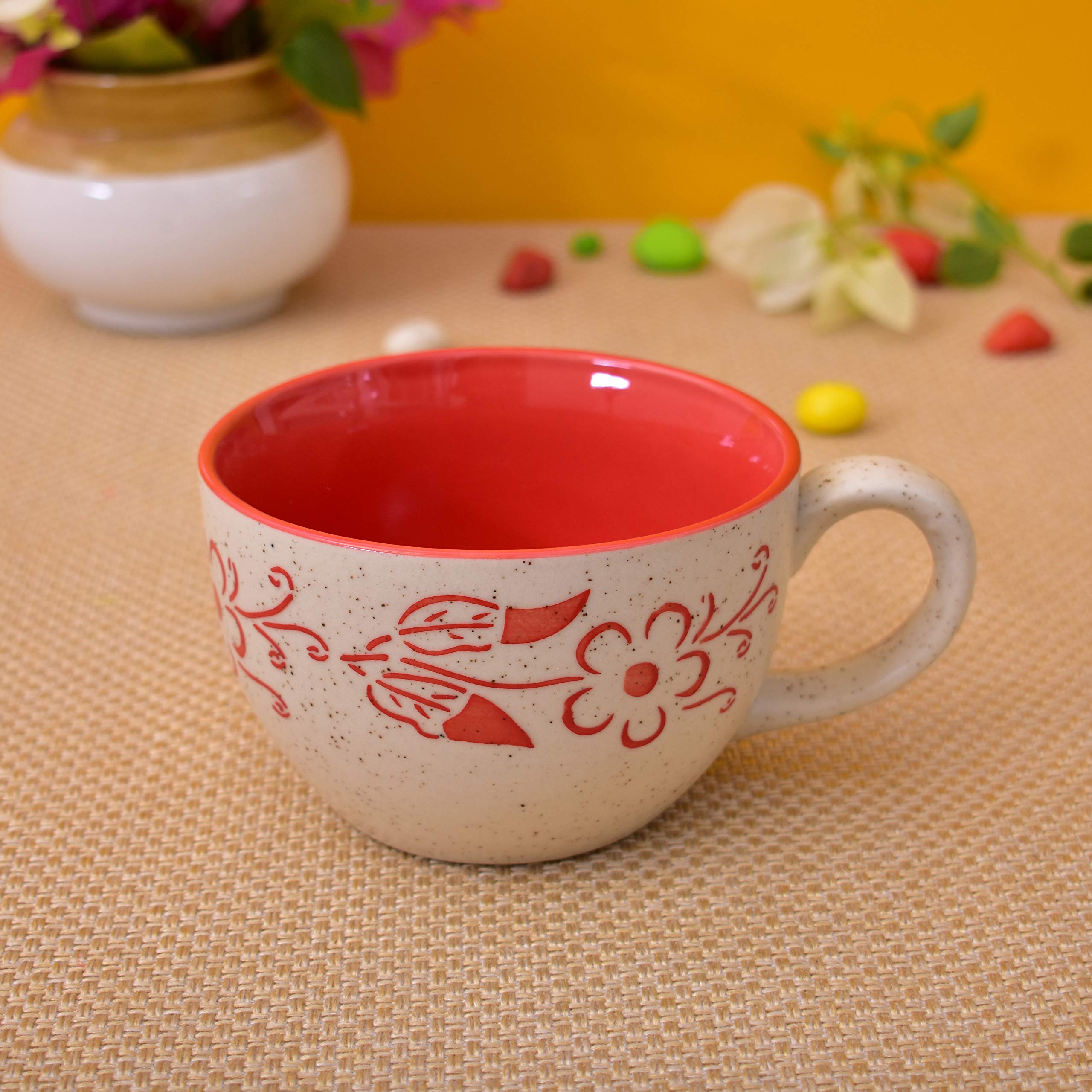 Kunhar Ceramic Soup Mug - White Red, 4 Piece, 350 ML - Image 3