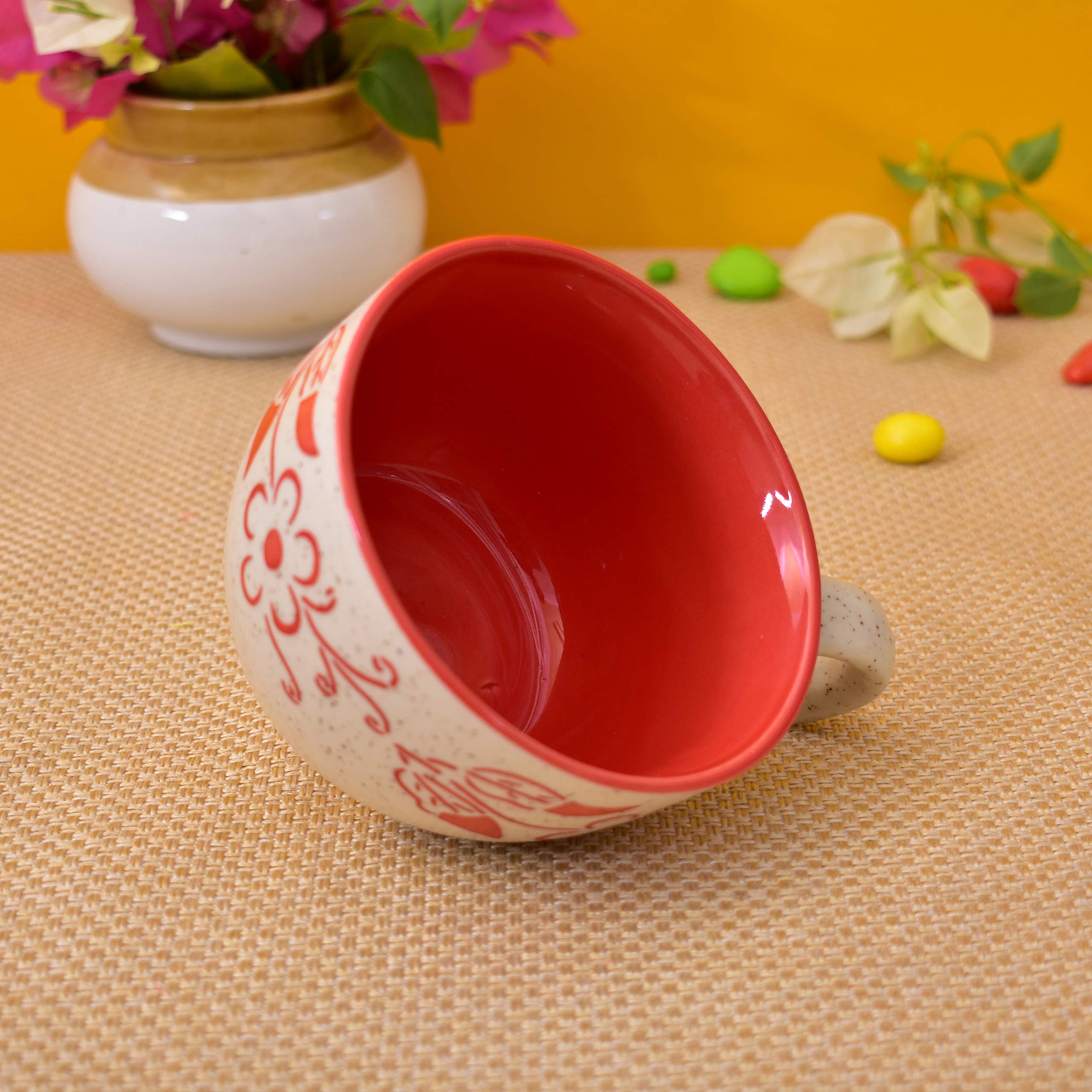 Kunhar Ceramic Soup Mug - White Red, 4 Piece, 350 ML - Image 4