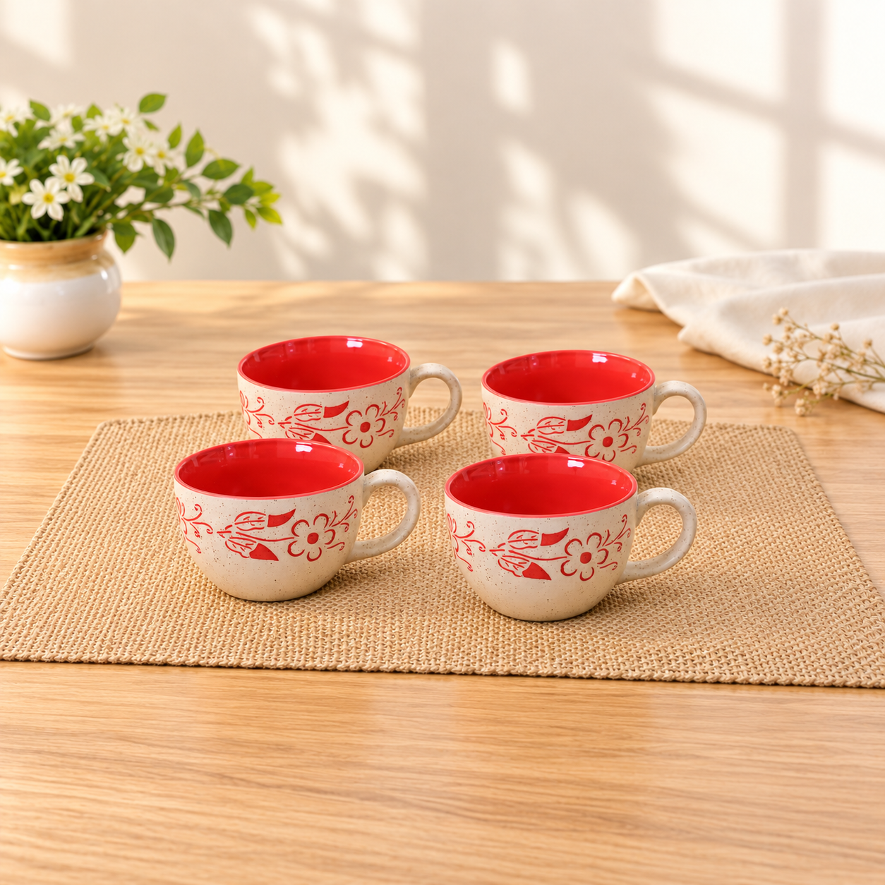Kunhar Ceramic Soup Mug - White Red, 4 Piece, 350 ML