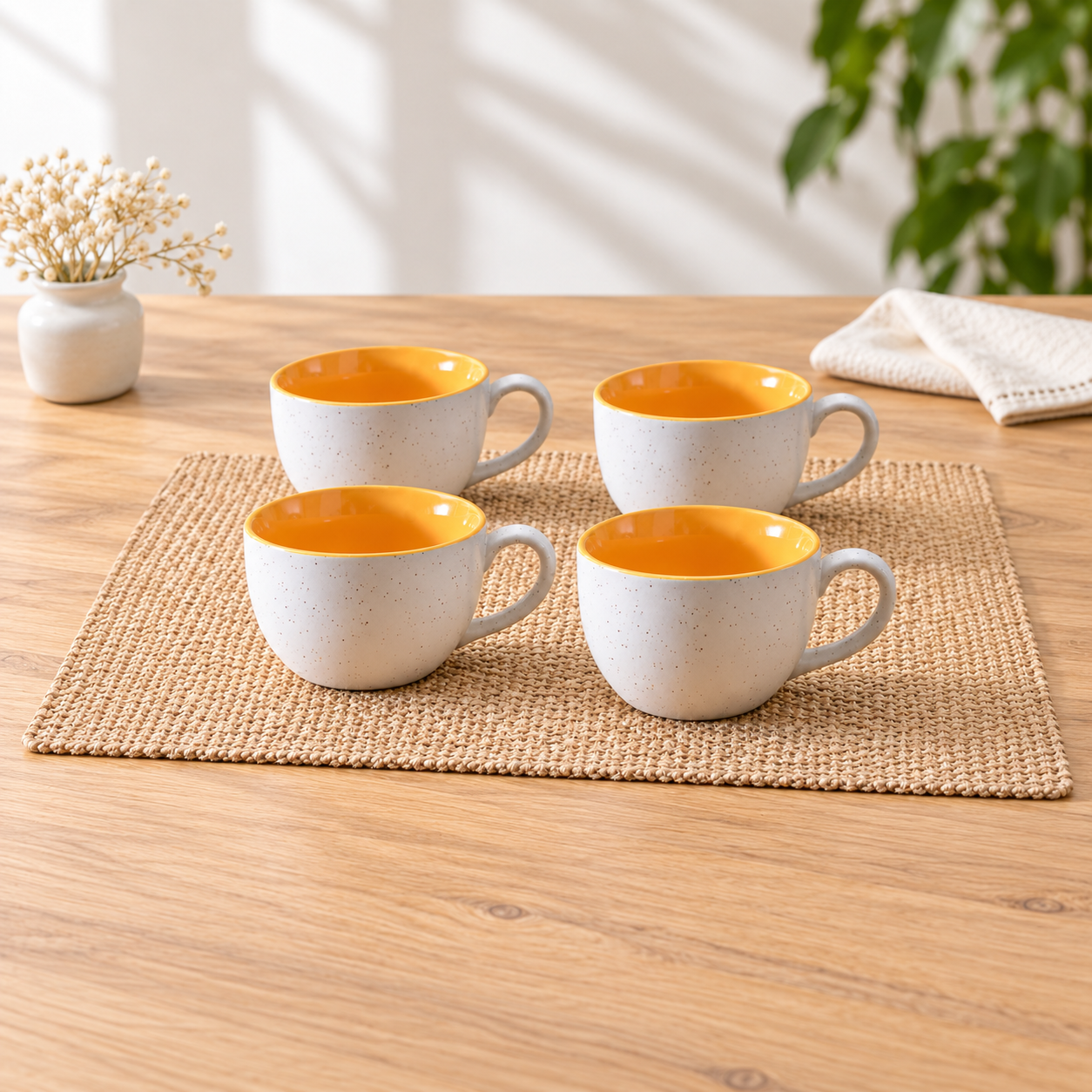 Kunhar Ceramic Soup Mug - White Yellow, 4 Piece, 350 ML
