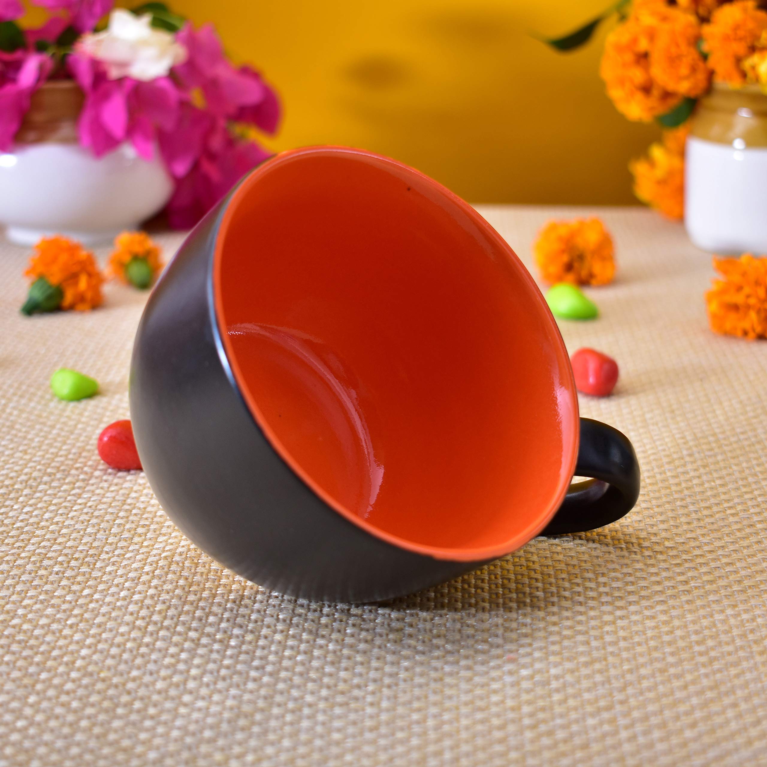 Kunhar Ceramic Soup Mug - Black Red, 4 Piece, 350 ML - Image 5