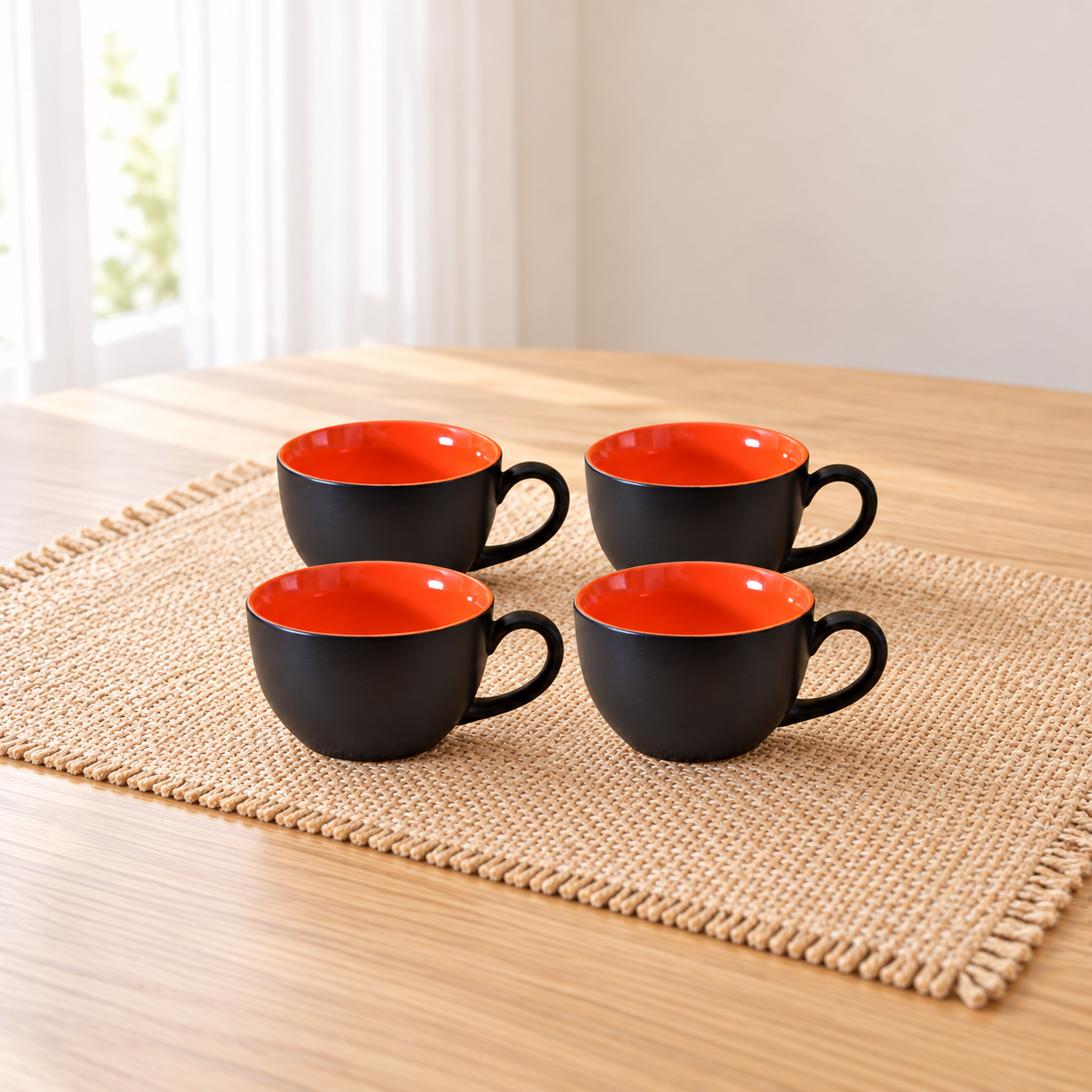 Kunhar Ceramic Soup Mug - Black Red, 4 Piece, 350 ML