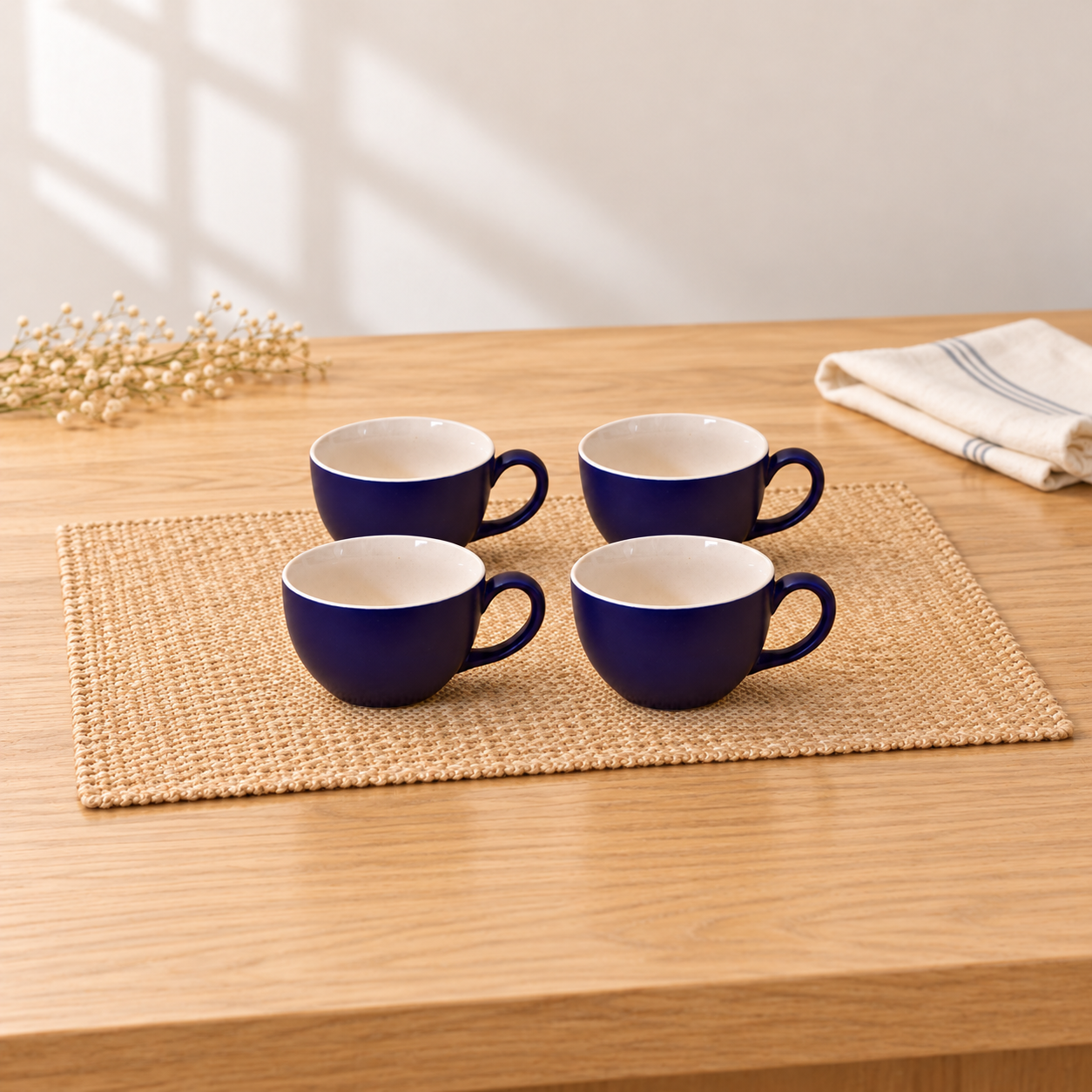 Kunhar Ceramic Soup Mug - White Blue, 4 Piece, 350 ML