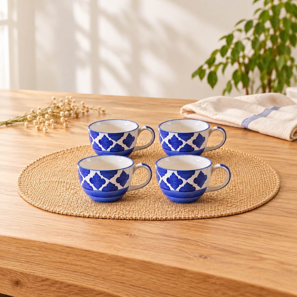 Kunhar Ceramic Soup Mug - Blue Chidi, 4 Piece, 350 ML
