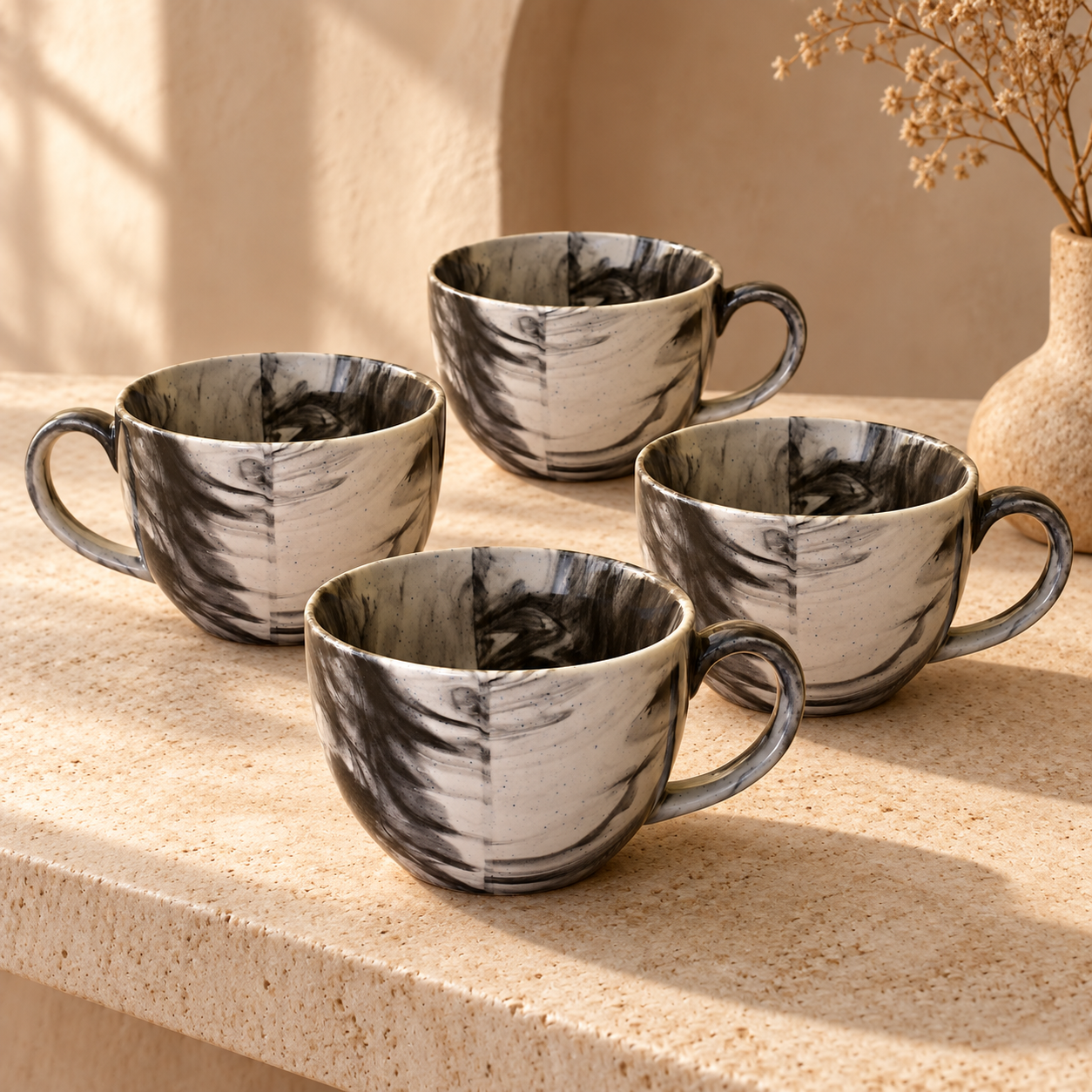 Kunhar Ceramic Soup Mug - Marble Black, 4 Piece, 350 ML