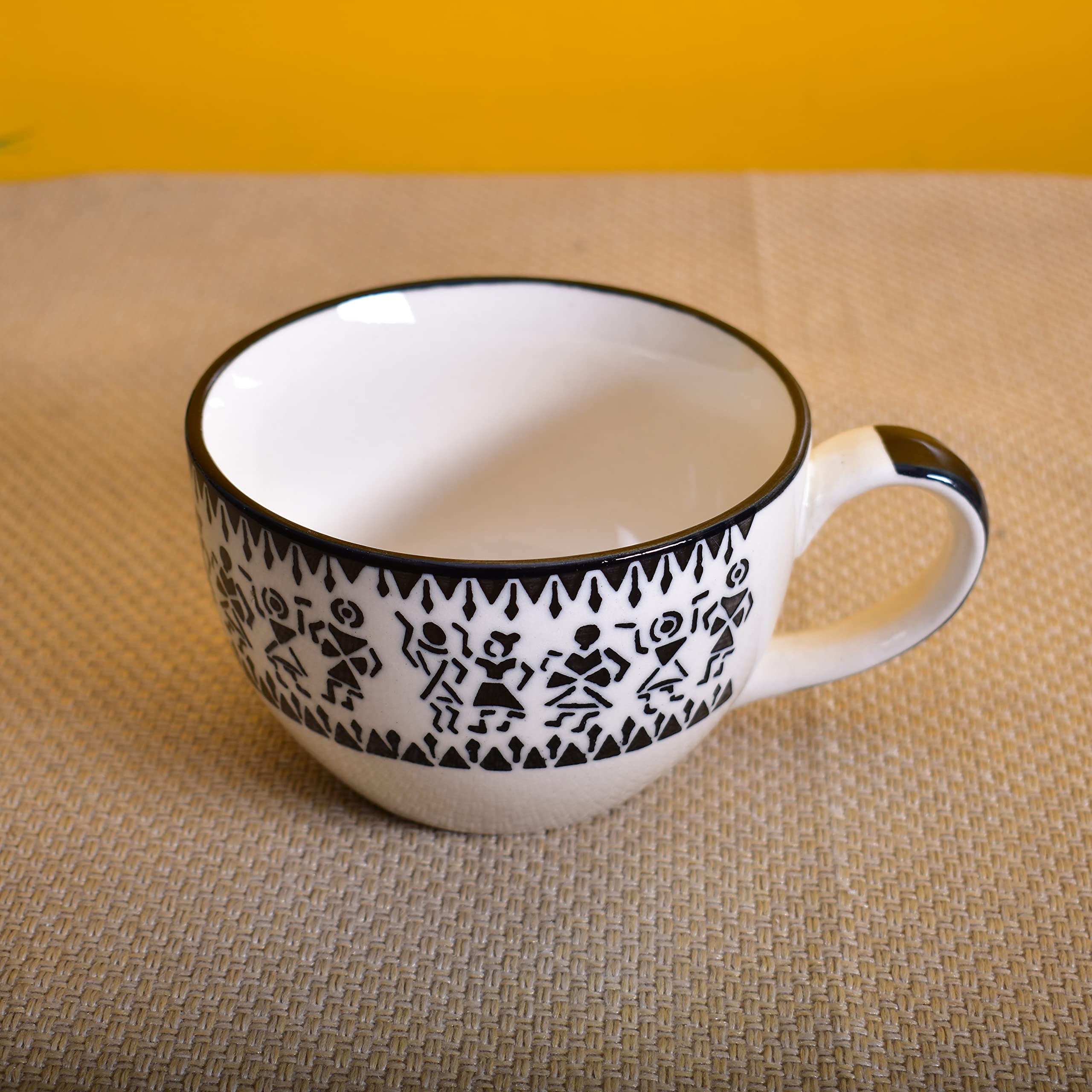 Kunhar Ceramic Soup Mug - White Warli Painting, 4 Pieces, 350 ML - Image 3