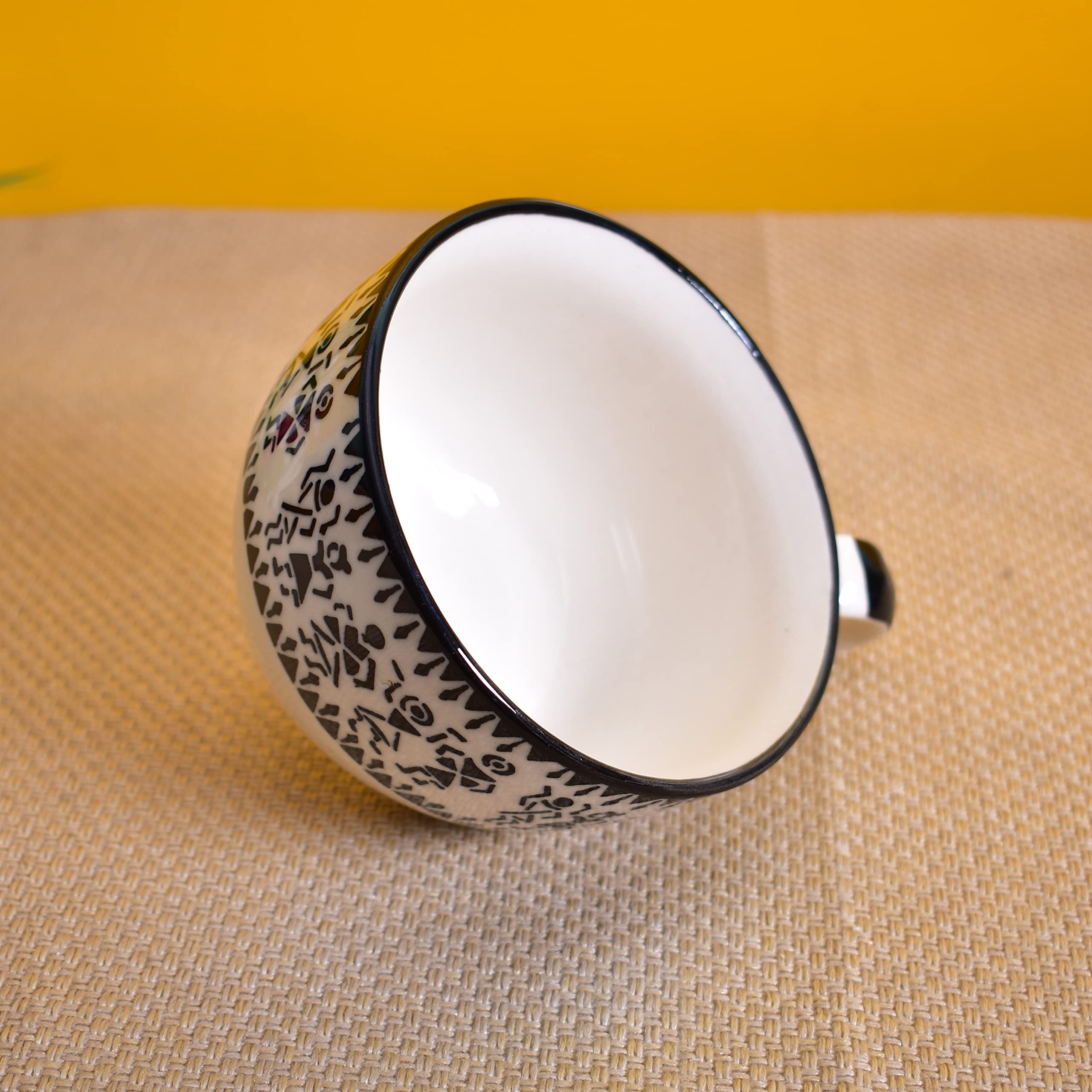 Kunhar Ceramic Soup Mug - White Warli Painting, 4 Pieces, 350 ML - Image 4