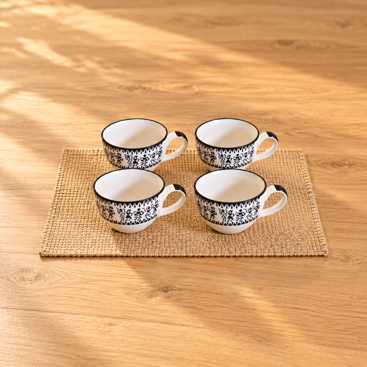 Kunhar Ceramic Soup Mug - White Warli Painting, 4 Pieces, 350 ML