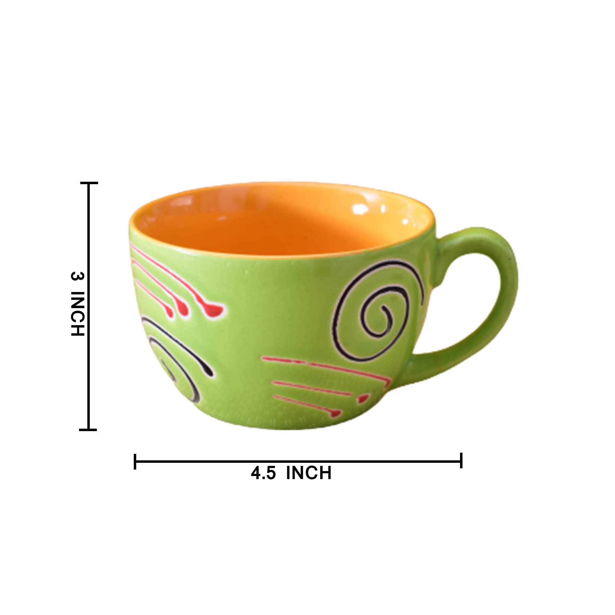 Kunhar Ceramic Soup Mug - Green Orange, 4 Piece, 350 ML - Image 2