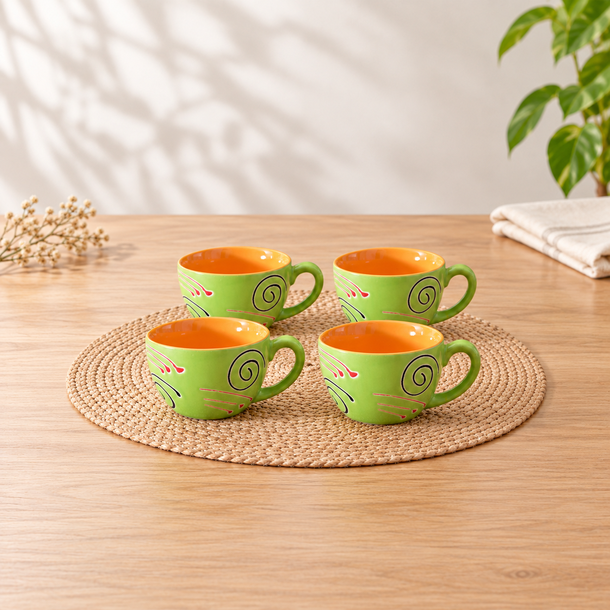 Kunhar Ceramic Soup Mug - Green Orange, 4 Piece, 350 ML