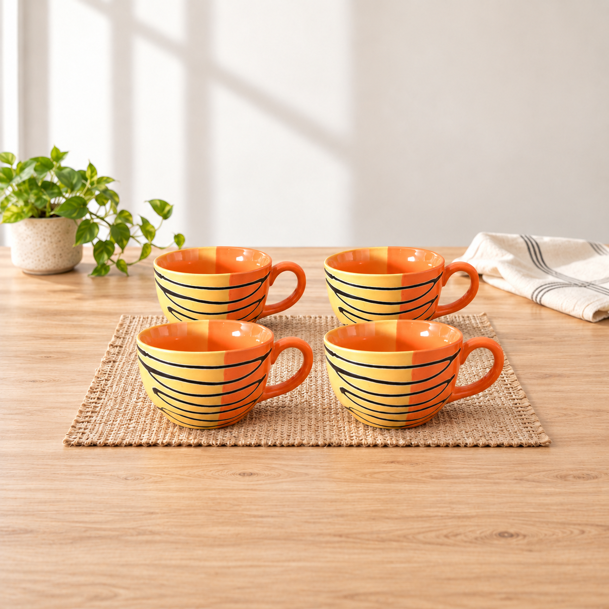 Kunhar Ceramic Soup Mug - Orange Yellow, 4 Piece, 350 ML