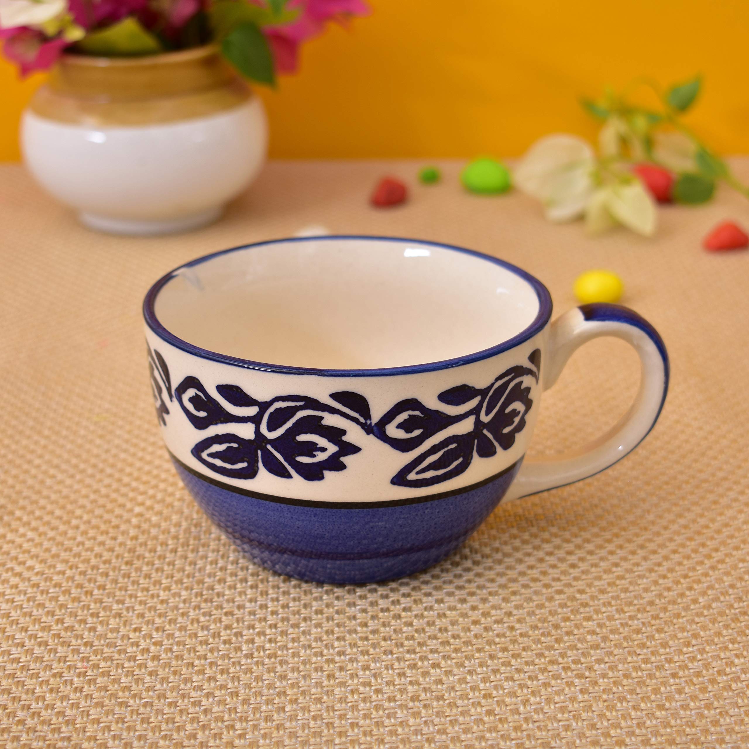 Kunhar Ceramic Soup Mug - Blue Vine, 4 Piece, 350 ML - Image 3