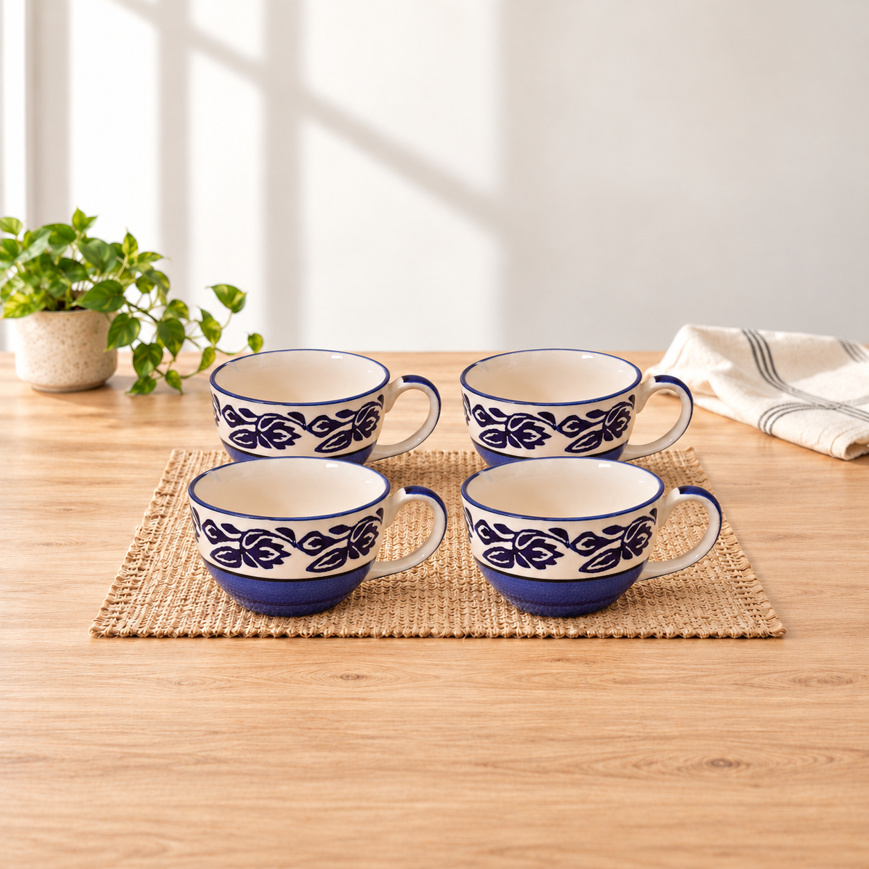 Kunhar Ceramic Soup Mug - Blue Vine, 4 Piece, 350 ML