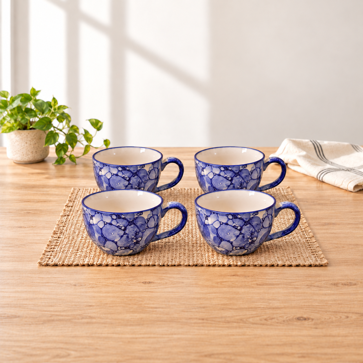 Kunhar Ceramic Soup Mug - Blue Luster, 4 Piece, 350 ML