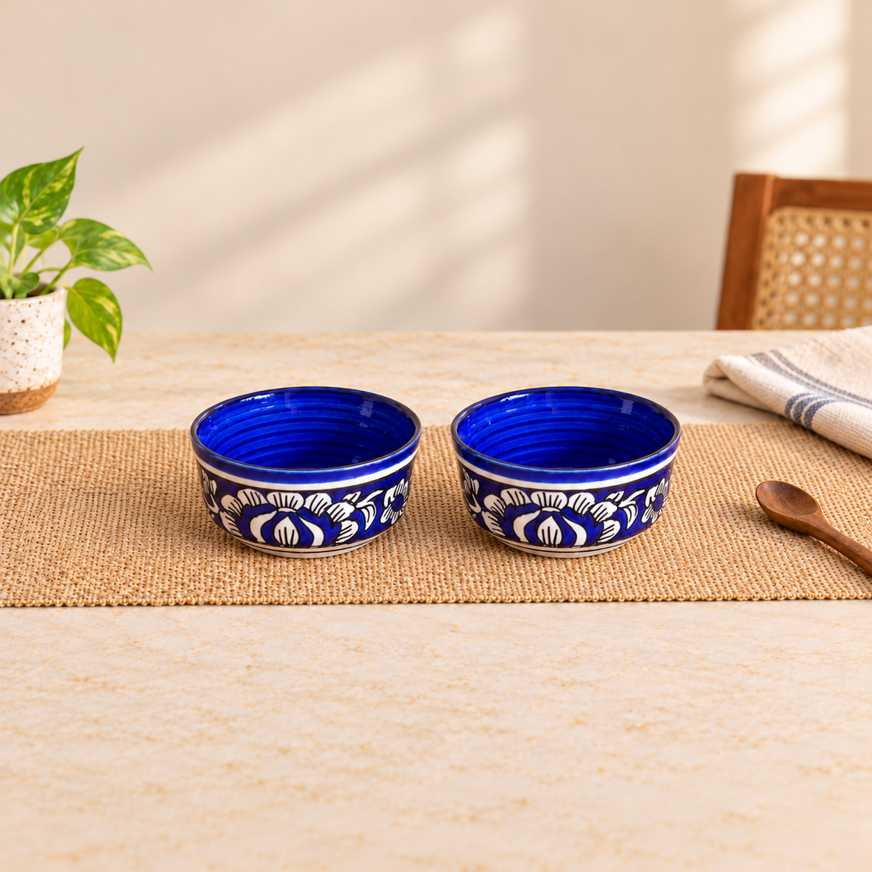 Kunhar Ceramic Bowls, Mughal Painting Ceramic Bowls - 260 ML, 2 Pieces, Blue
