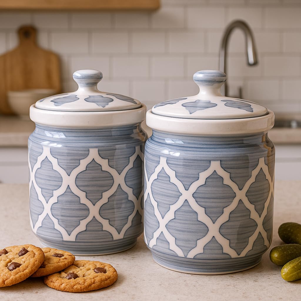 Kunhar Ceramic Barni Grey Umrao 1000ml Set of 2 with Lid | Handcrafted Pickle Jar | Storage Jar for Spices, Chutney, Achar, Salt, Sugar