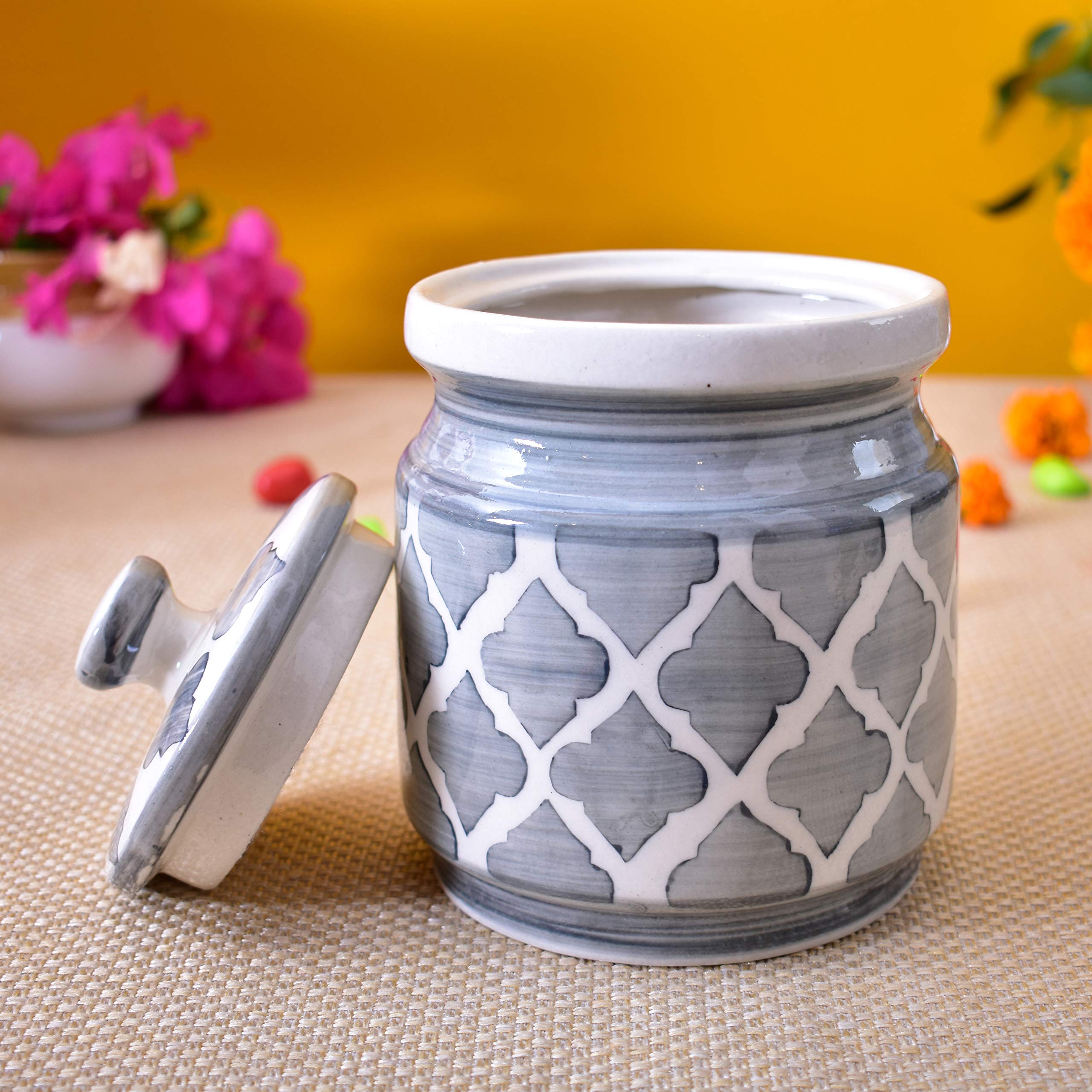 Kunhar Ceramic Barni Grey Umrao 1000ml Set of 2 with Lid | Handcrafted Pickle Jar | Storage Jar for Spices, Chutney, Achar, Salt, Sugar