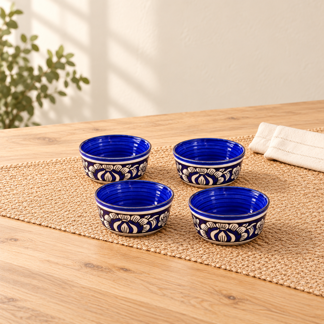 Kunhar Ceramic Bowls, Mughal Painting Ceramic Bowls - 260 ML, 4 Pieces, Blue