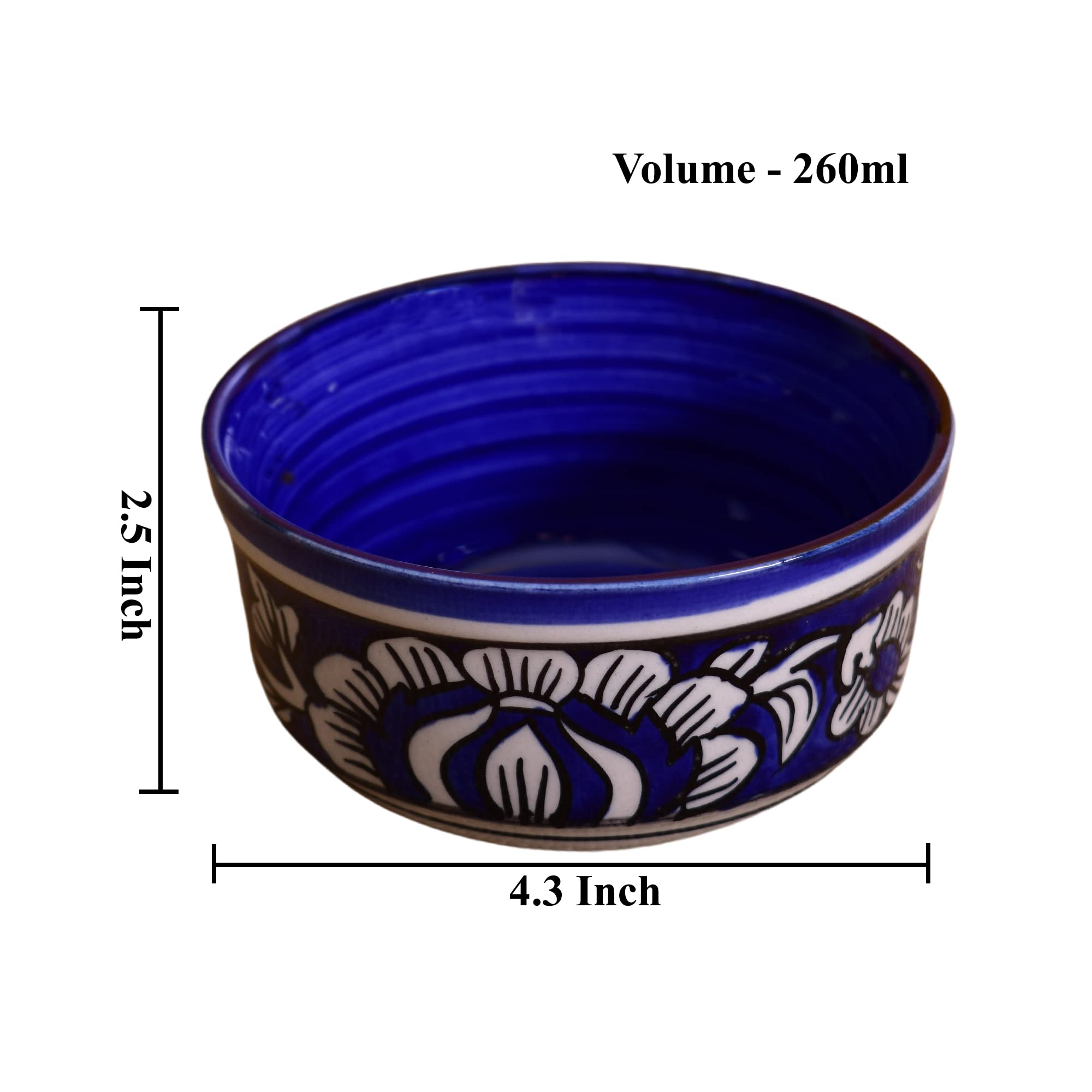 Kunhar Ceramic Bowls, Mughal Painting Ceramic Bowls - 260 ML, 6 Pieces, Blue - Image 2
