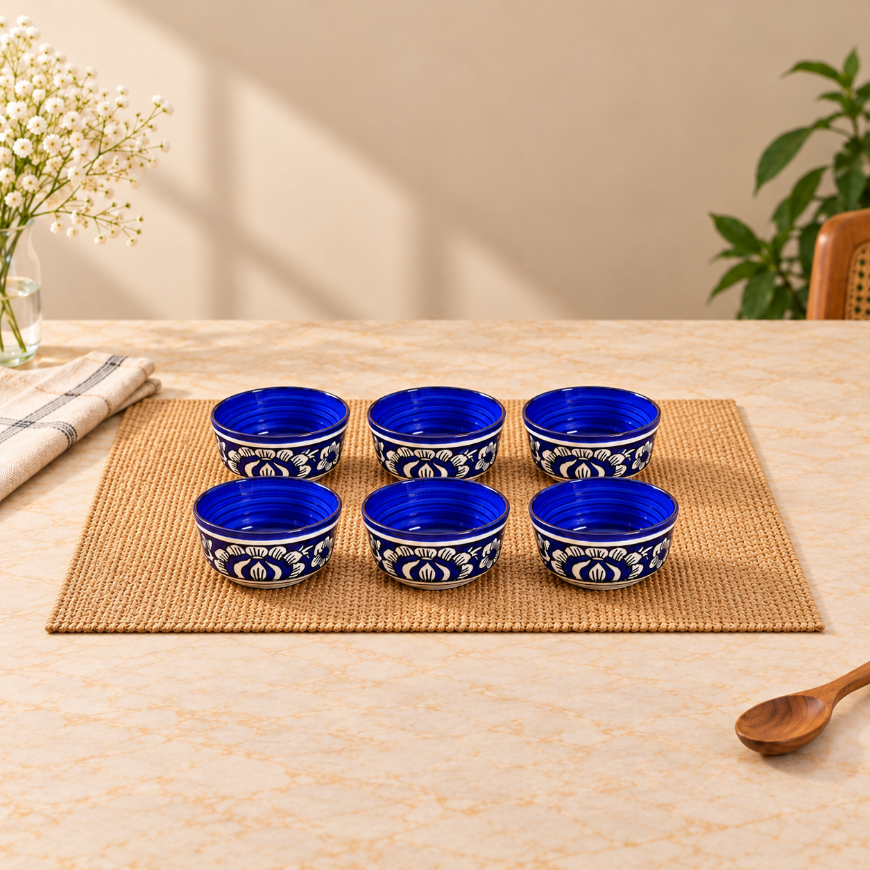 Kunhar Ceramic Bowls, Mughal Painting Ceramic Bowls - 260 ML, 6 Pieces, Blue