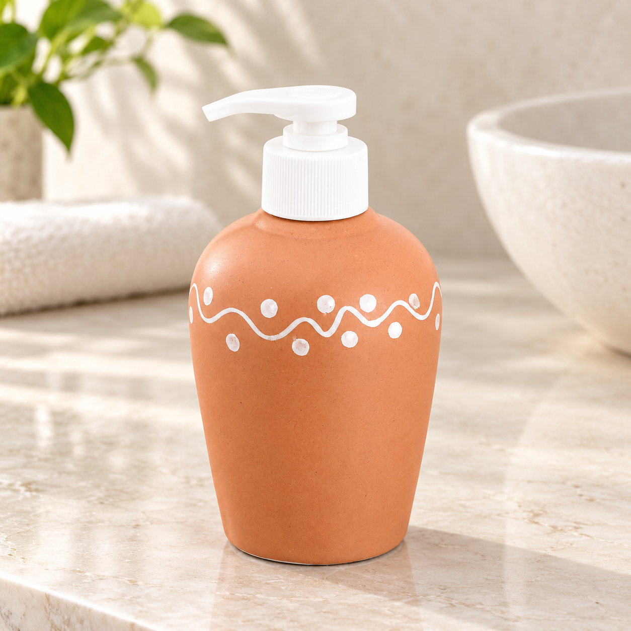 KunhaR Ceramic Long-Lasting Liquid Handwash Soap Dispenser for Bathroom | Handwash Bottle for Kitchen | Soap Dispenser for Wash Basin | Bathroom Accessories | 300 ml, Terracotta