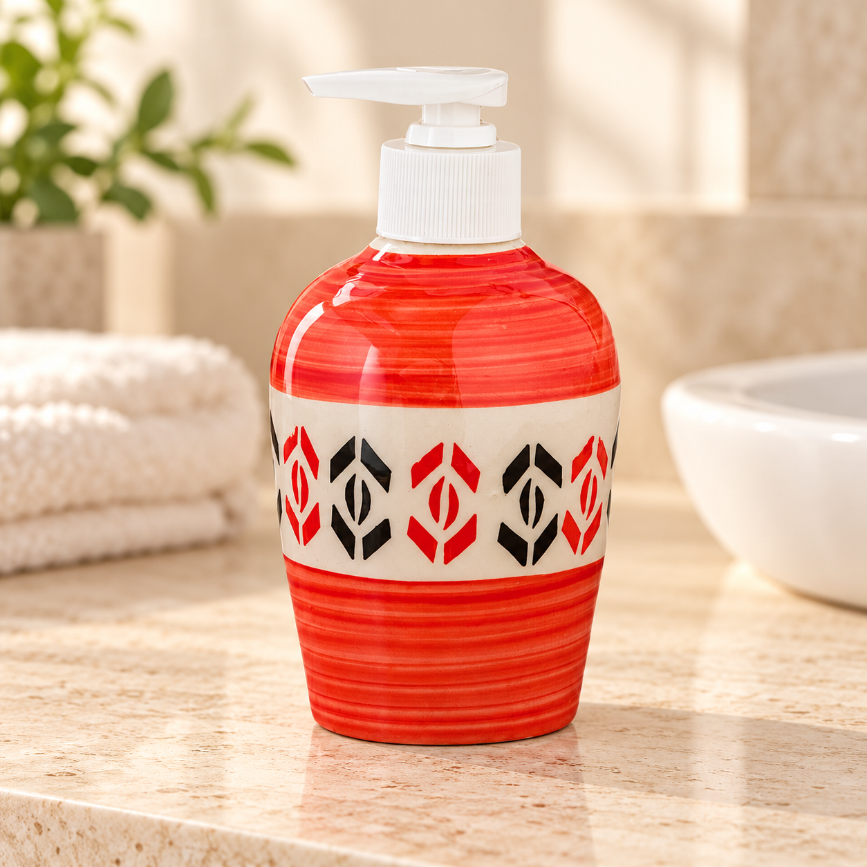 KunhaR Ceramic Long-Lasting Liquid Handwash Soap Dispenser for Bathroom | Handwash Bottle for Kitchen | Soap Dispenser for Wash Basin | Bathroom Accessories | 300 ml, Red Multicolor
