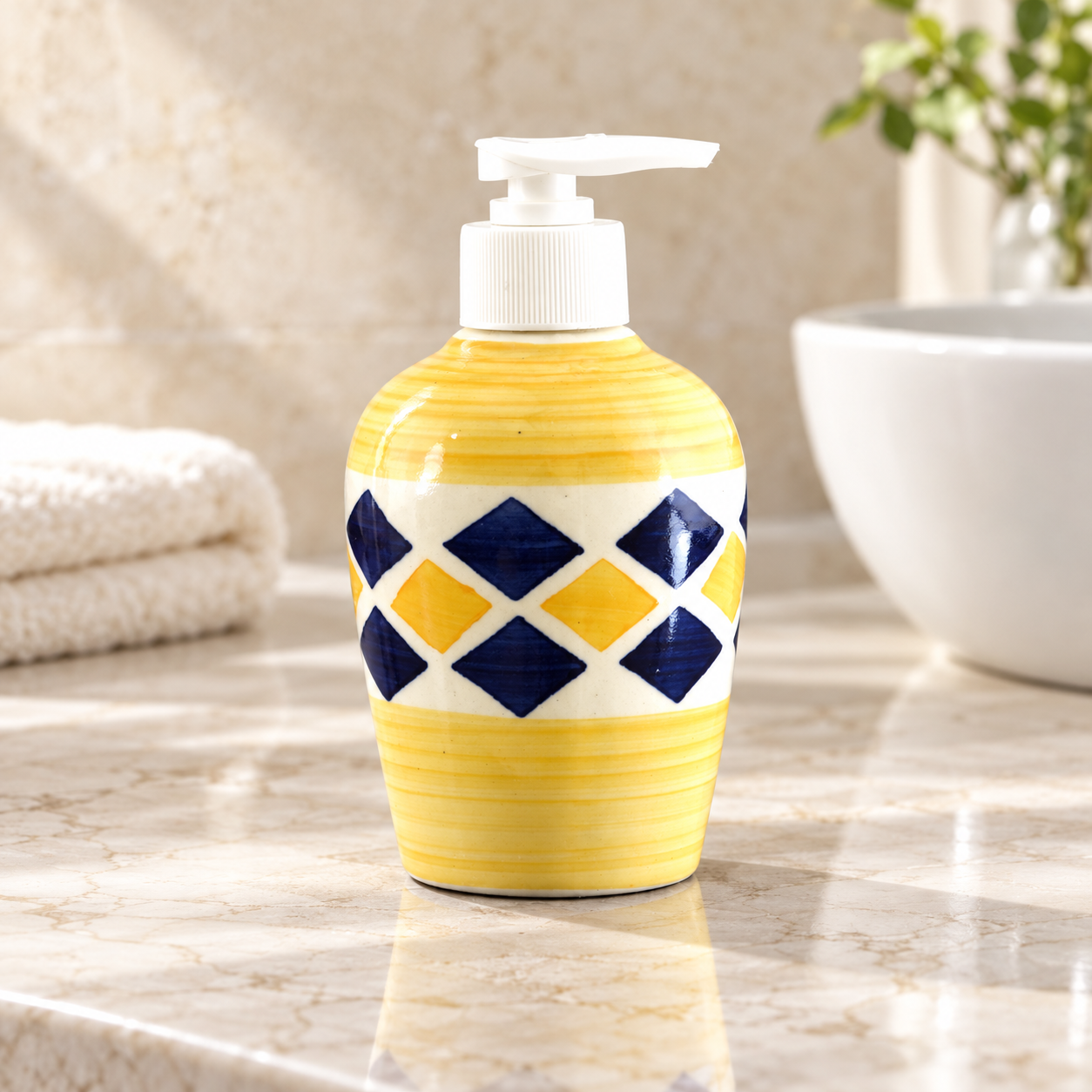 KunhaR Ceramic Long-Lasting Liquid Handwash Soap Dispenser for Bathroom | Handwash Bottle for Kitchen | Soap Dispenser for Wash Basin | Bathroom Accessories | 300 ml, Yellow Brick