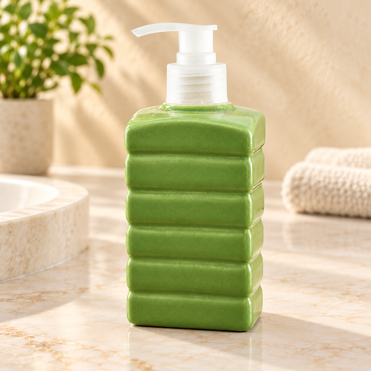 KunhaR Ceramic Long-Lasting Liquid Handwash Soap Dispenser for Bathroom | Handwash Bottle for Kitchen | Soap Dispenser for Wash Basin | Bathroom Accessories | 300 ml, Green Square