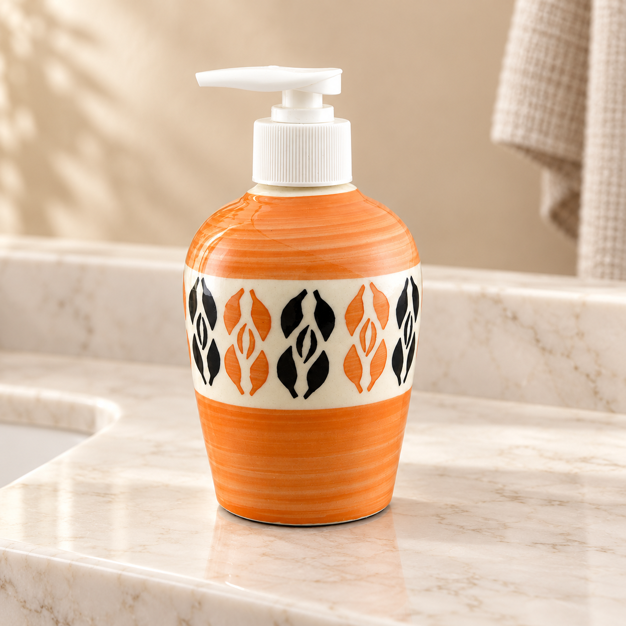 KunhaR Ceramic Long-Lasting Liquid Handwash Soap Dispenser for Bathroom | Handwash Bottle for Kitchen | Soap Dispenser for Wash Basin | Bathroom Accessories | 300 ml, Orange Multicolor