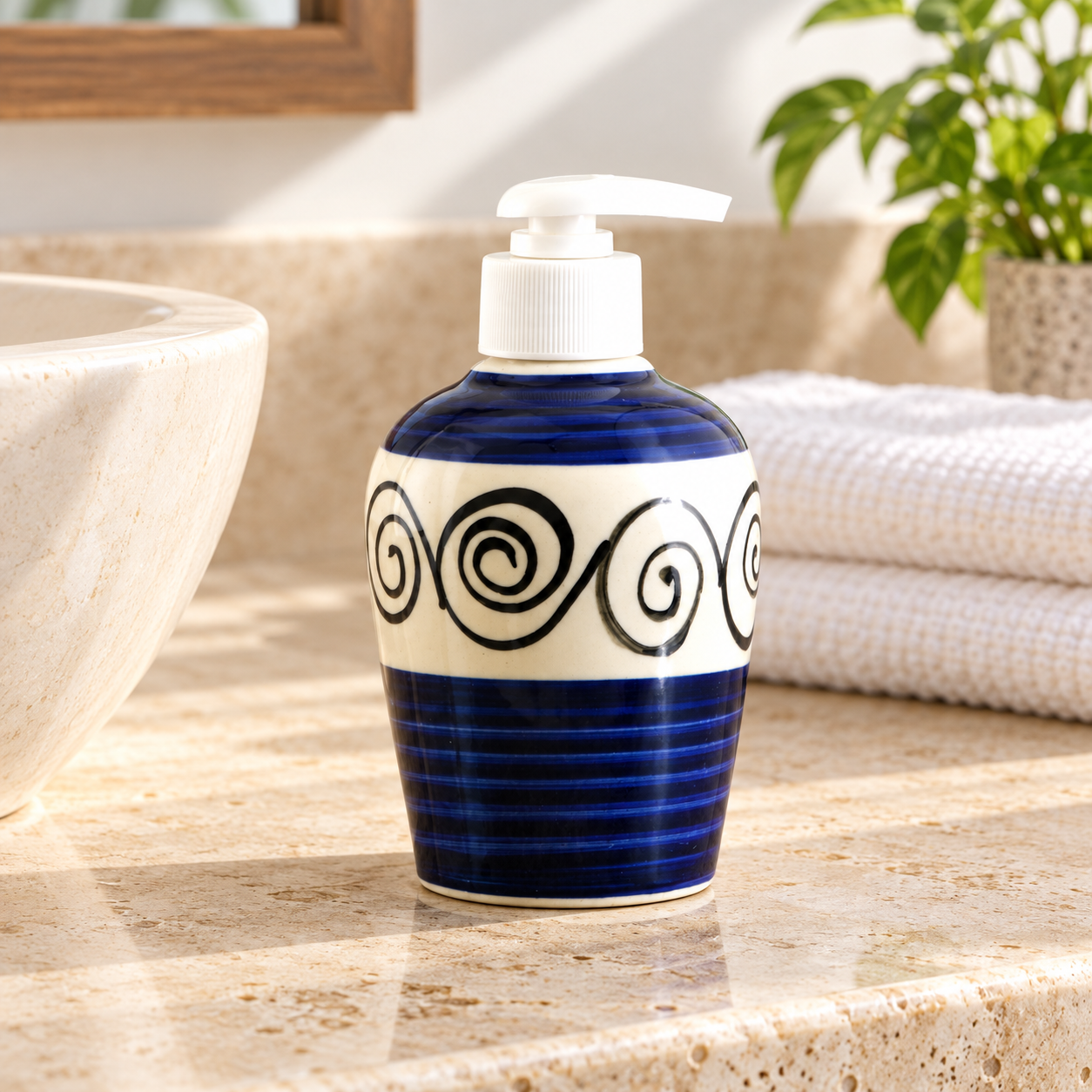 KunhaR Ceramic Long-Lasting Liquid Handwash Soap Dispenser for Bathroom | Handwash Bottle for Kitchen | Soap Dispenser for Wash Basin | Bathroom Accessories | 300 ml, Blue Round Line