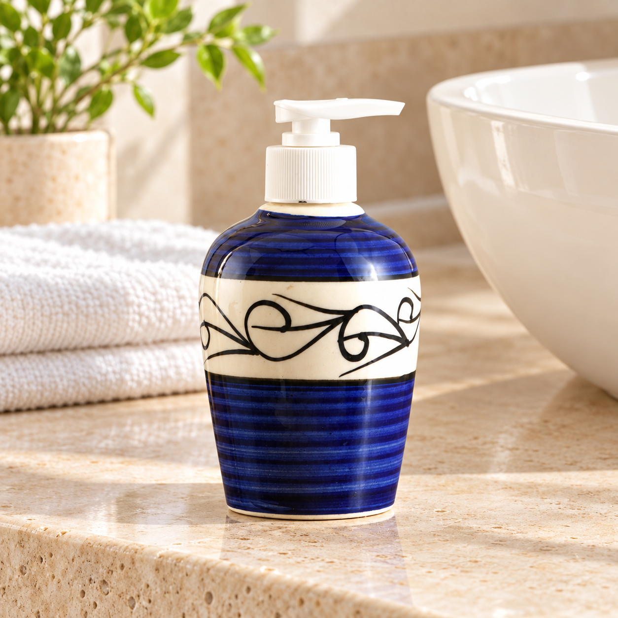 KunhaR Ceramic Long-Lasting Liquid Handwash Soap Dispenser for Bathroom | Handwash Bottle for Kitchen | Soap Dispenser for Wash Basin | Bathroom Accessories | 300 ml, Blue D1