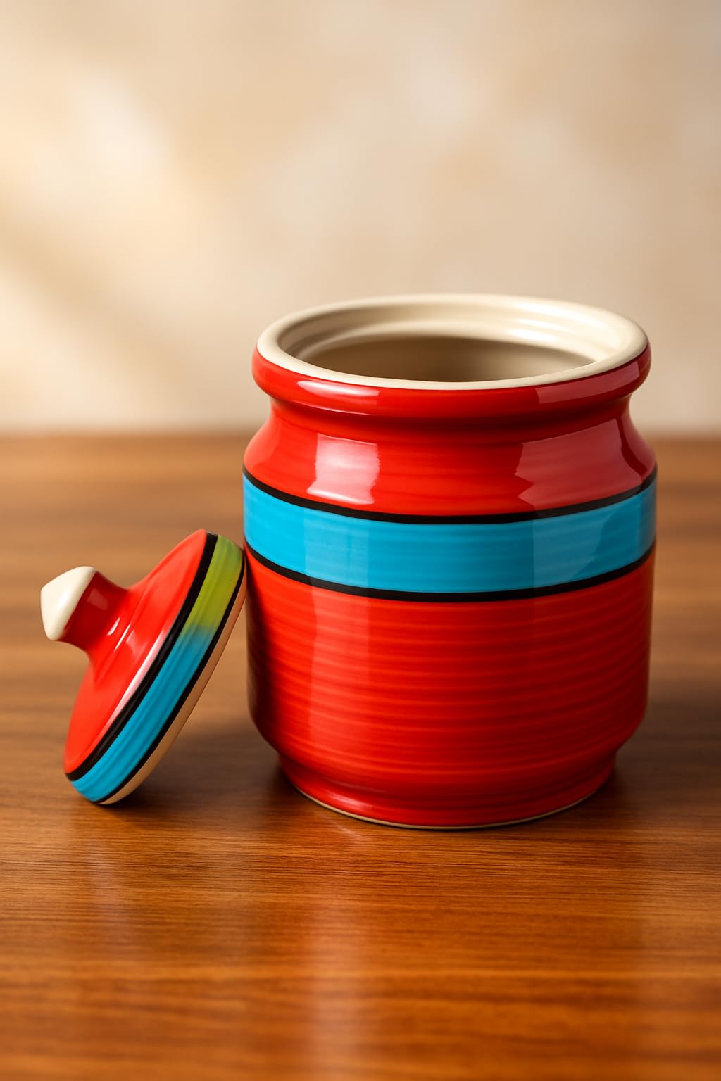 Kunhar Ceramic Jars 600ML Handcrafted Multipurpose Barni Lid Pickle Chutney Spices Salt Sugar Kitchen Storage Containers Red - Image 3