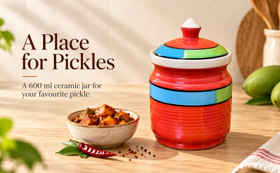 Kunhar Ceramic Jars 600ML Handcrafted Multipurpose Barni Lid Pickle Chutney Spices Salt Sugar Kitchen Storage Containers Red – visual story 1