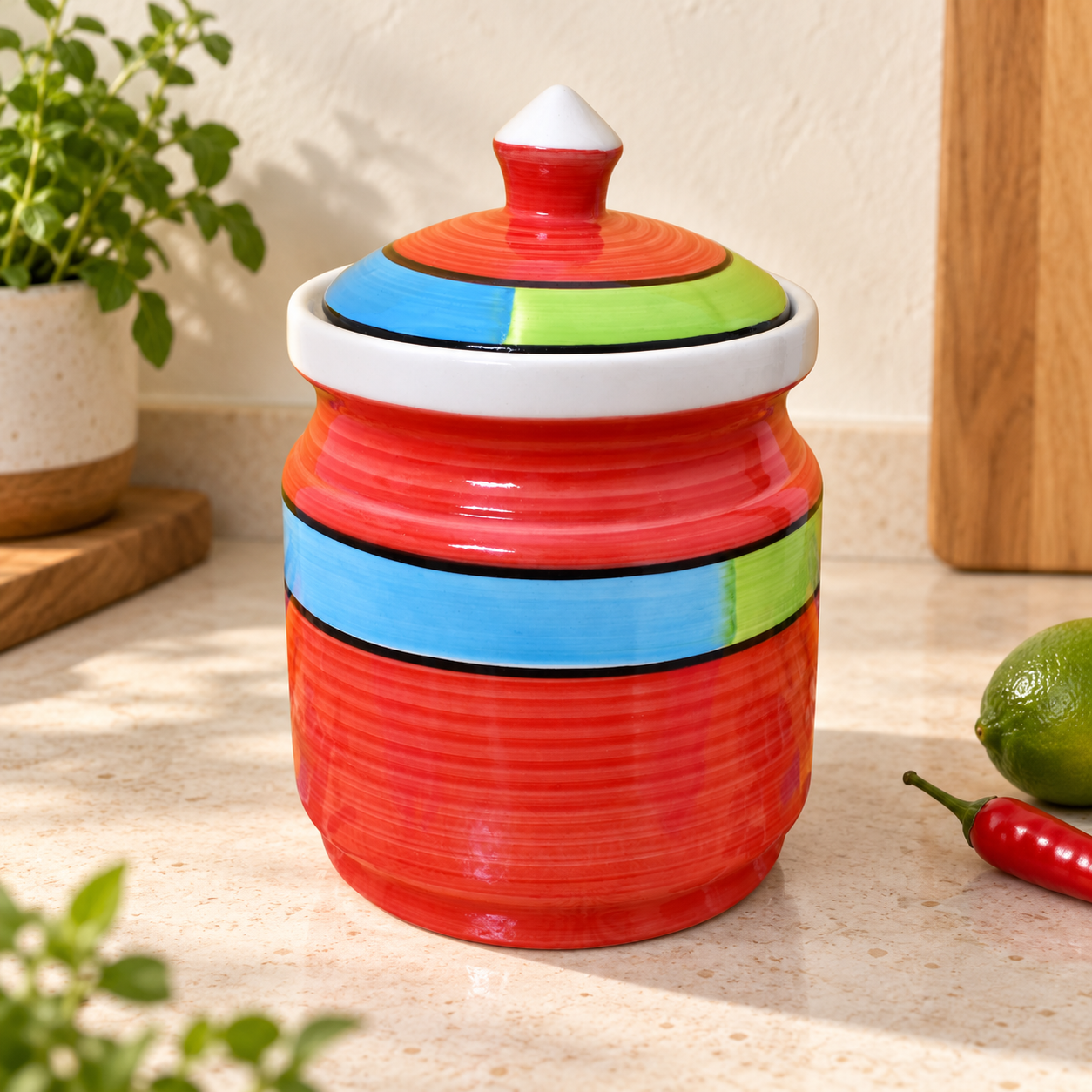 Kunhar Ceramic Jars 600ML Handcrafted Multipurpose Barni Lid Pickle Chutney Spices Salt Sugar Kitchen Storage Containers Red