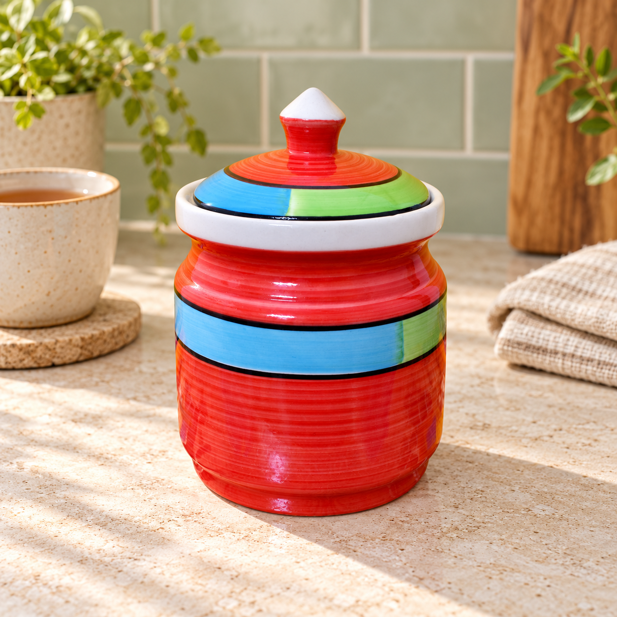 Kunhar Ceramic Jars 600ML Handcrafted Multipurpose Barni Lid Pickle Chutney Spices Salt Sugar Kitchen Storage Containers Red - Image 2