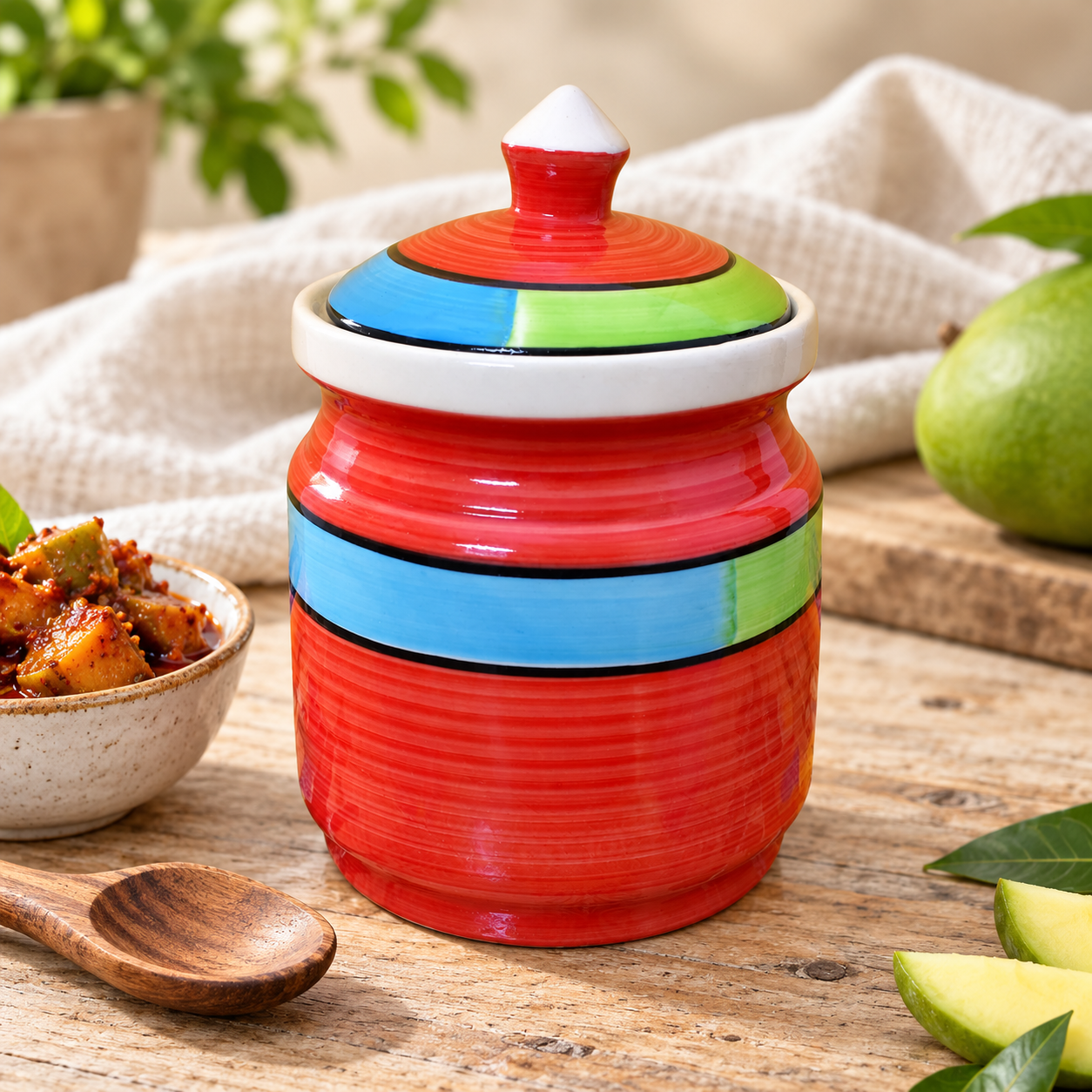 Kunhar Ceramic Jars 600ML Handcrafted Multipurpose Barni Lid Pickle Chutney Spices Salt Sugar Kitchen Storage Containers Red - Image 3
