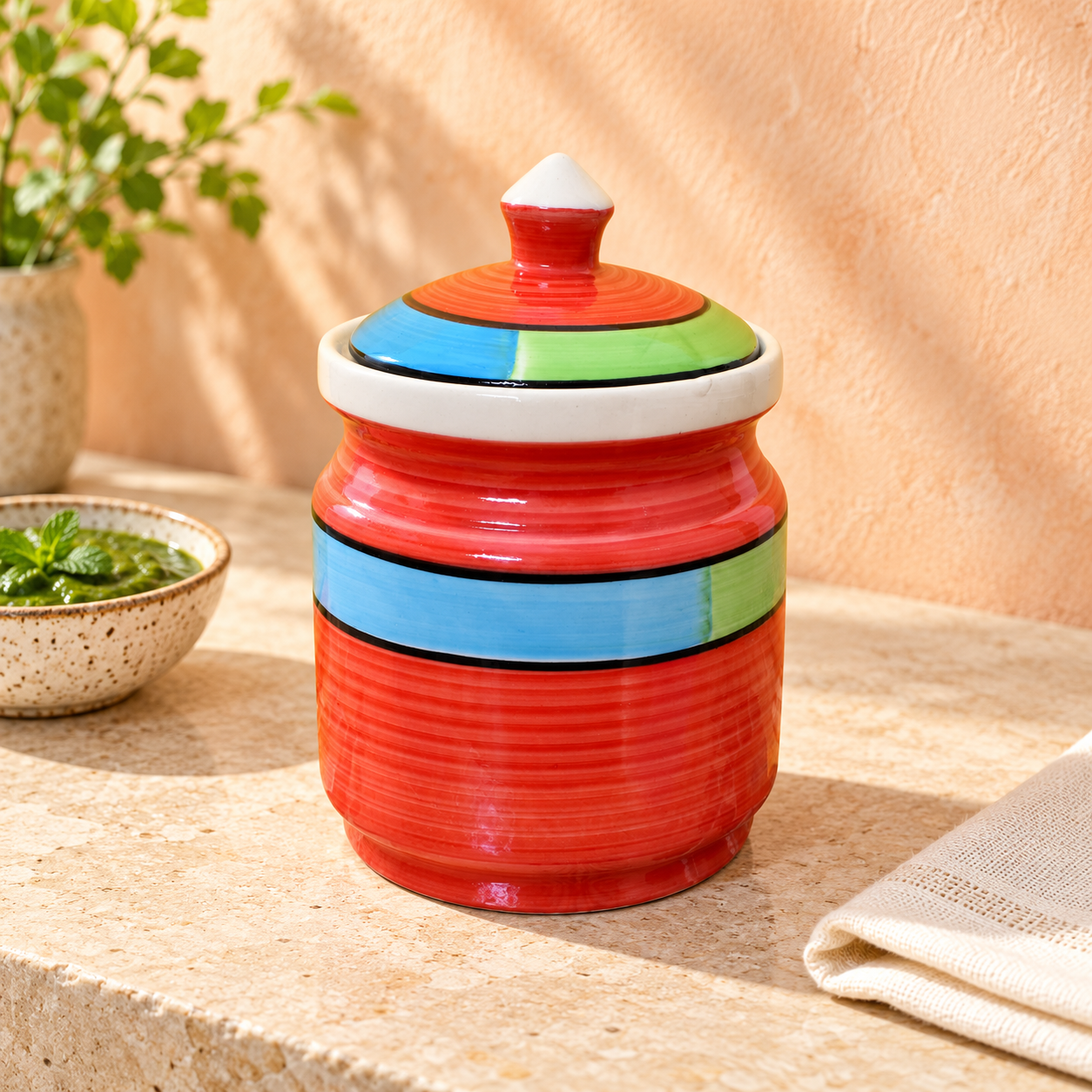 Kunhar Ceramic Jars 600ML Handcrafted Multipurpose Barni Lid Pickle Chutney Spices Salt Sugar Kitchen Storage Containers Red - Image 5