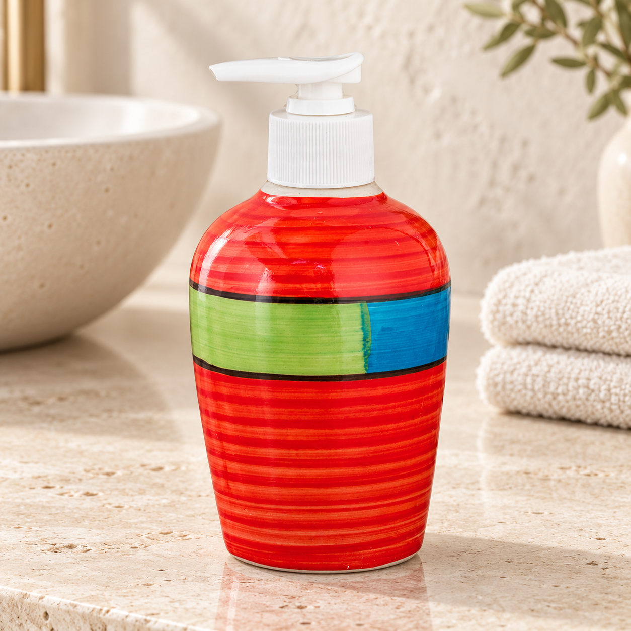KunhaR Ceramic Long-Lasting Liquid Handwash Soap Dispenser for Bathroom | Handwash Bottle for Kitchen | Soap Dispenser for Wash Basin | Bathroom Accessories | 300 ml, Red Multicolor