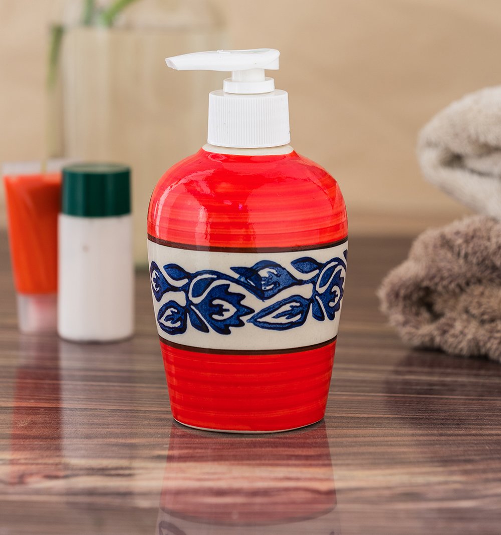 KunhaR Ceramic Long-Lasting Liquid Handwash Soap Dispenser for Bathroom | Handwash Bottle for Kitchen | Soap Dispenser for Wash Basin | Bathroom Accessories | 300 ml, Red Blue Vine