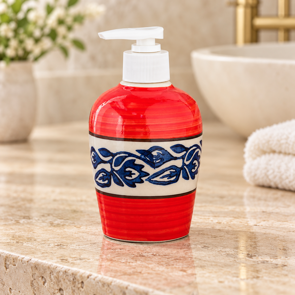 KunhaR Ceramic Long-Lasting Liquid Handwash Soap Dispenser for Bathroom | Handwash Bottle for Kitchen | Soap Dispenser for Wash Basin | Bathroom Accessories | 300 ml, Red Blue Vine