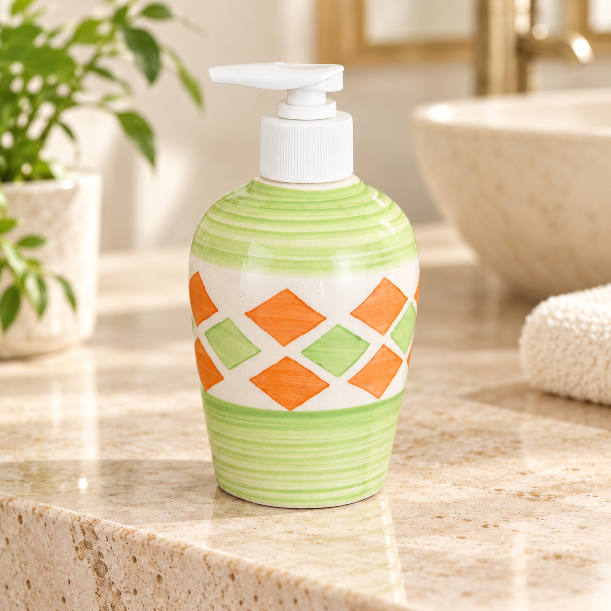 KunhaR Ceramic Long-Lasting Liquid Handwash Soap Dispenser for Bathroom | Handwash Bottle for Kitchen | Soap Dispenser for Wash Basin | Bathroom Accessories | 300 ml, Green Brick