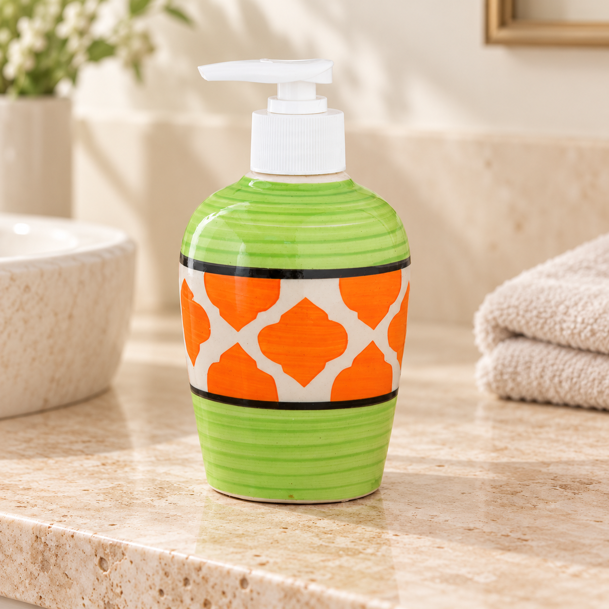 KunhaR Ceramic Long-Lasting Liquid Handwash Soap Dispenser for Bathroom | Handwash Bottle for Kitchen | Soap Dispenser for Wash Basin | Bathroom Accessories | 300 ml, Green Orange Chidi