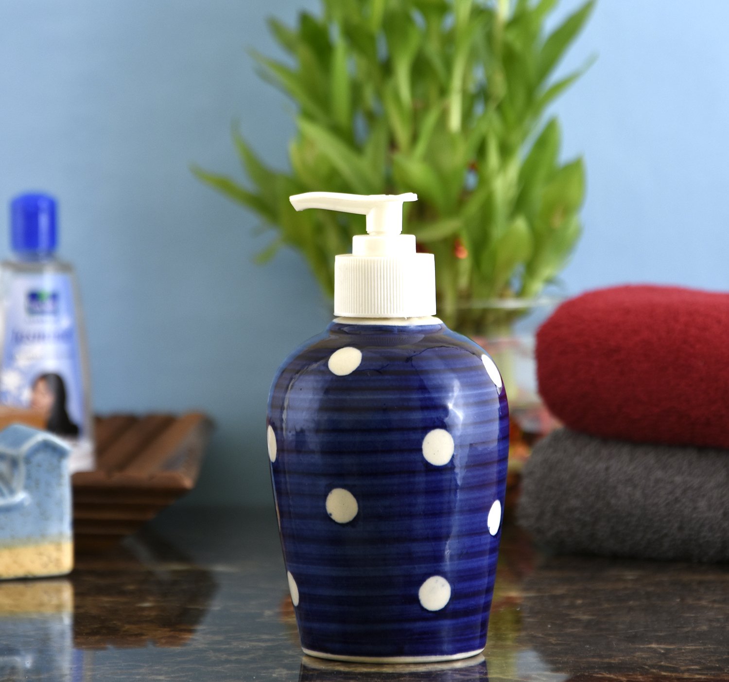 KunhaR Ceramic Long-Lasting Liquid Handwash Soap Dispenser for Bathroom | Handwash Bottle for Kitchen | Soap Dispenser for Wash Basin | Bathroom Accessories | 300 ml, Blue Dot