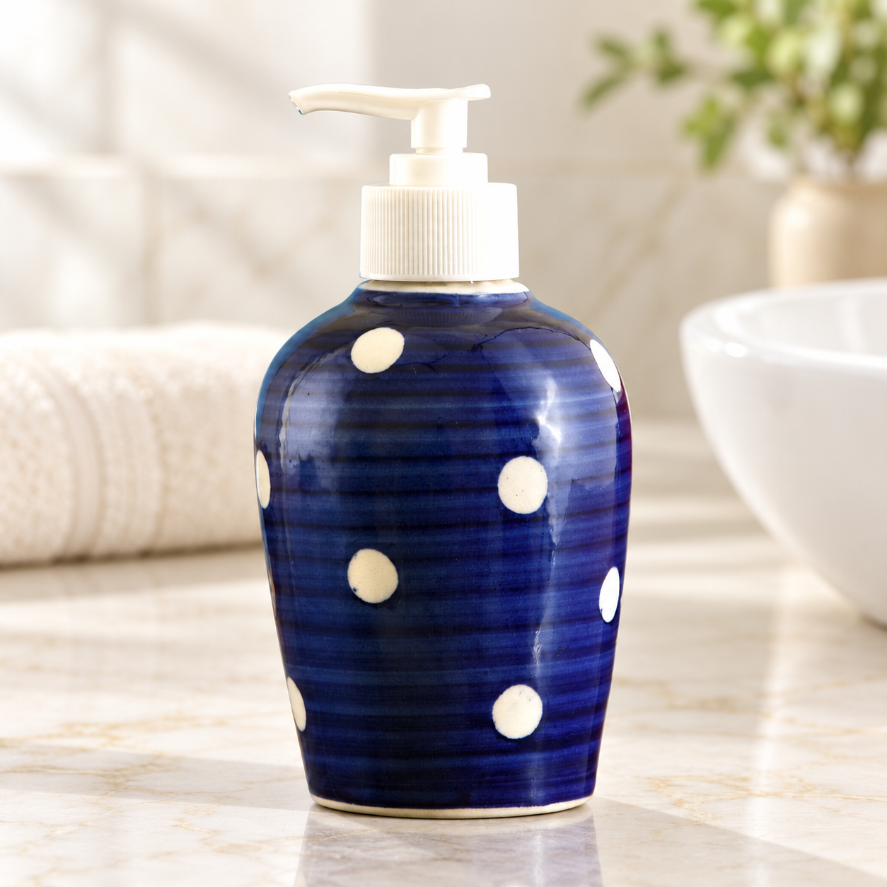 KunhaR Ceramic Long-Lasting Liquid Handwash Soap Dispenser for Bathroom | Handwash Bottle for Kitchen | Soap Dispenser for Wash Basin | Bathroom Accessories | 300 ml, Blue Dot