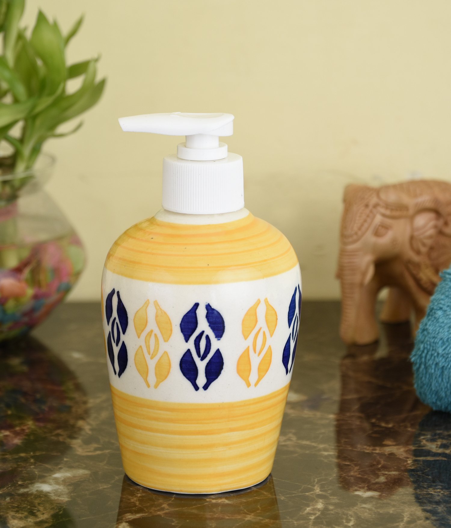 KunhaR Ceramic Long-Lasting Liquid Handwash Soap Dispenser for Bathroom | Handwash Bottle for Kitchen | Soap Dispenser for Wash Basin | Bathroom Accessories | 300 ml, Yellow Multicolor